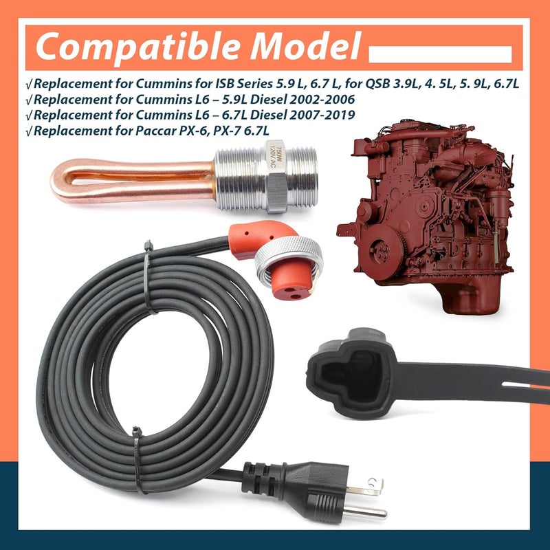 Lisnhlin 3500022 Engine Block Immersion Heater Replacement for Cummins for Paccar Diesel Engine 3/4 Inch NPT Thread 120 Volts 750 Watts with Cordset Cord and Plug Protector - Image 3